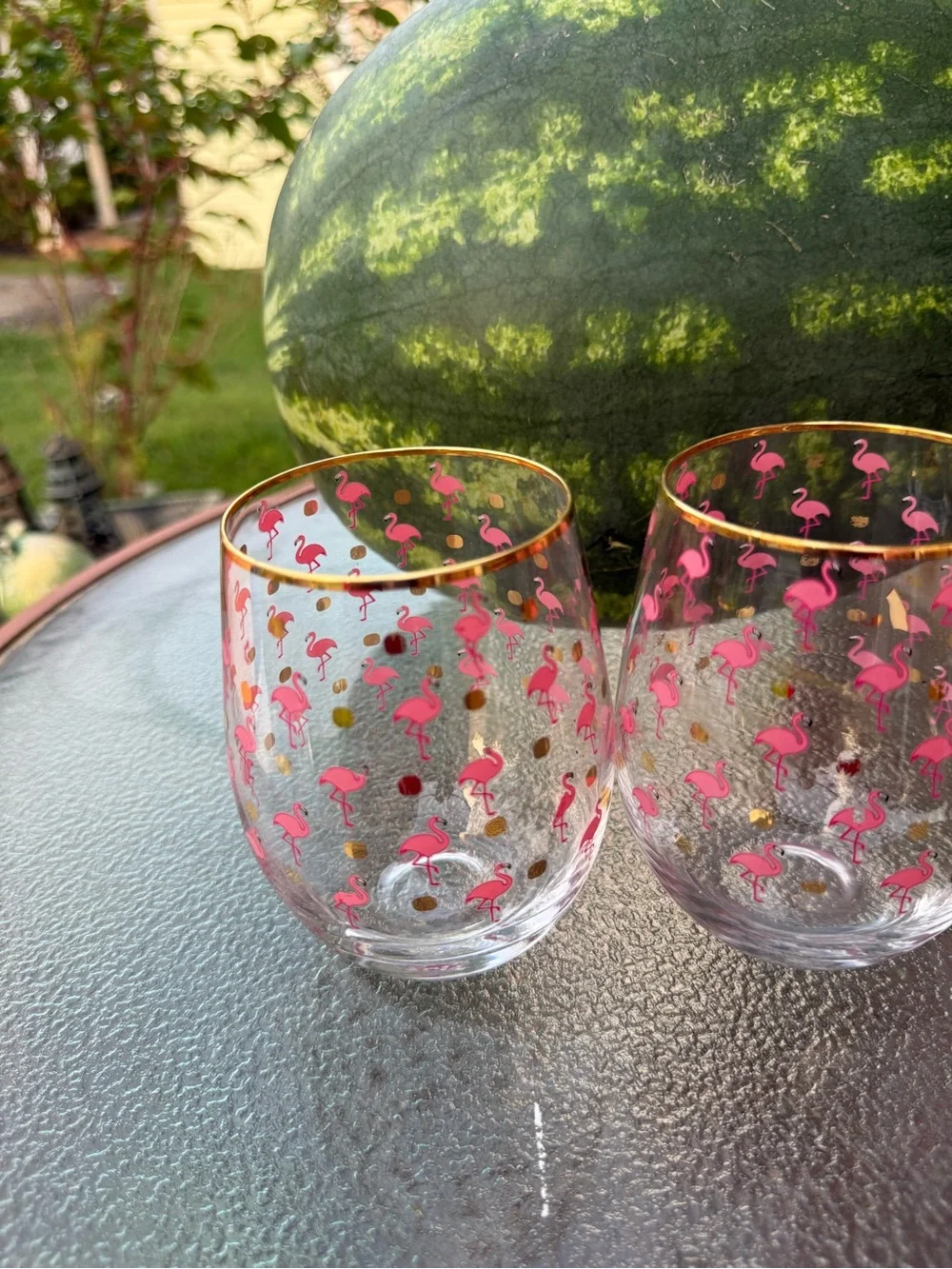 Stemless Wine Glasses with Pink Flamingo and Gold Dot Accents
